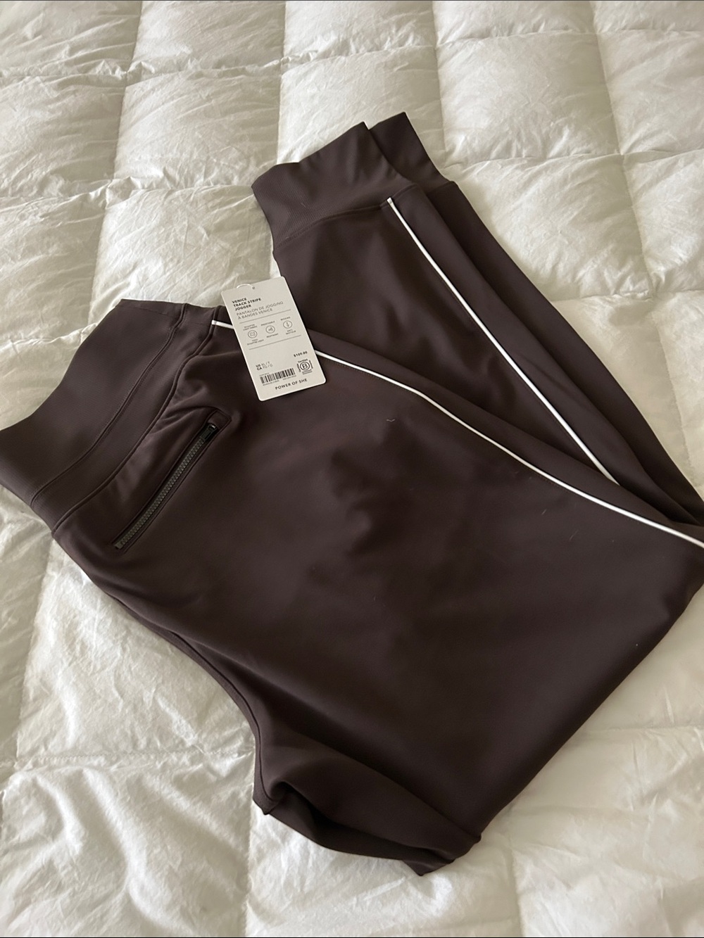 Athleta Venice Espresso Brown Athletic Joggers with white Piping